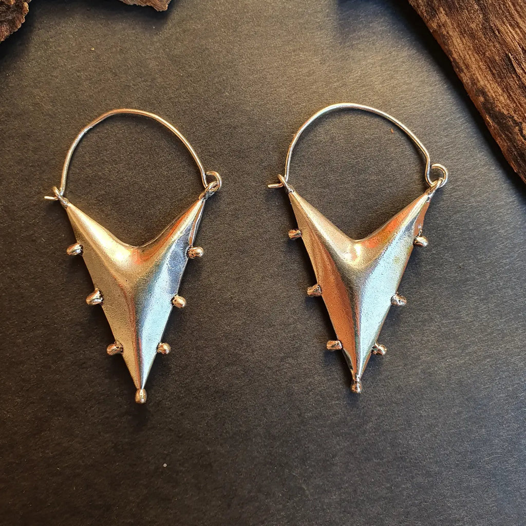 Silver Steampunk Triangle Drop Tribal Brass Earrings