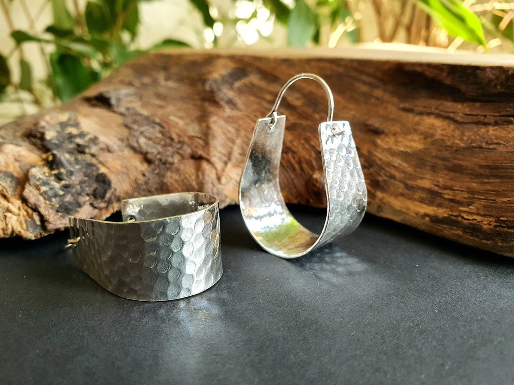 Wide Hammered Silver Hoops