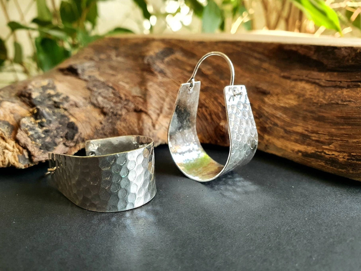 Wide Hammered Silver Hoops