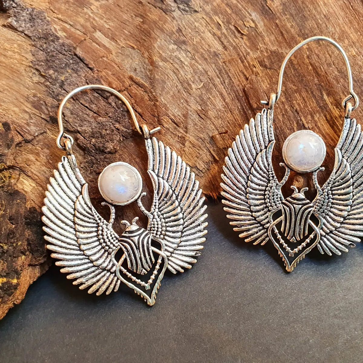 Silver Scarab Earrings with Moonstone
