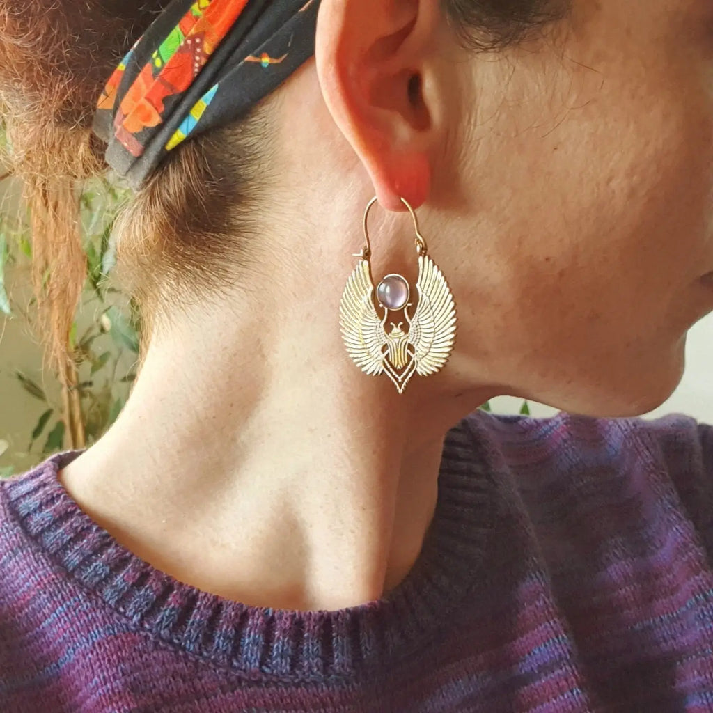 Silver Scarab Earrings with Moonstone