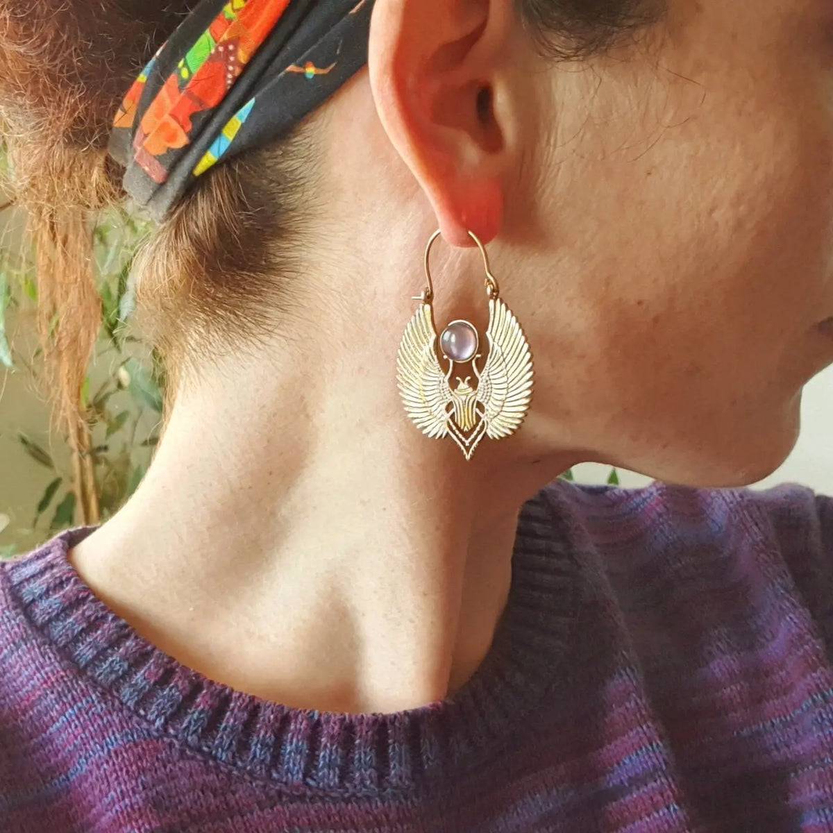 Silver Scarab Earrings with Moonstone