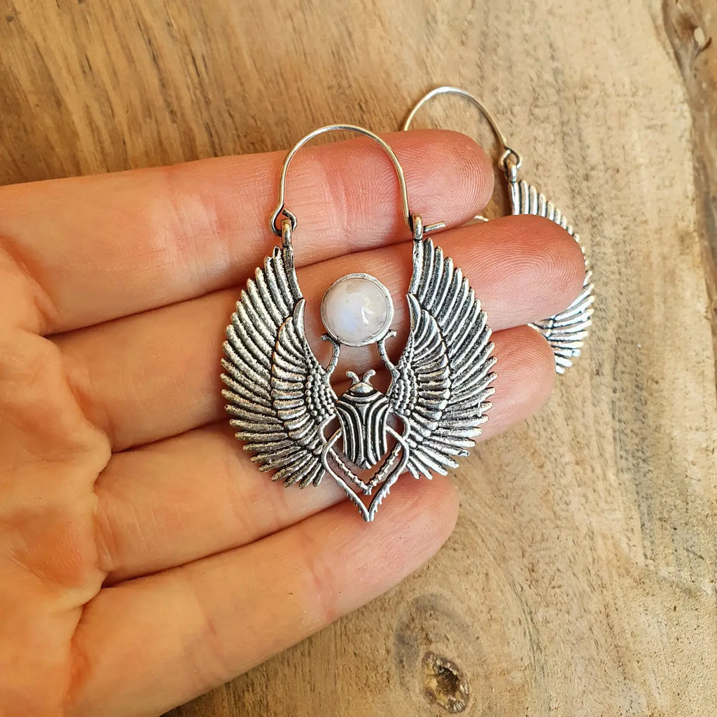 Silver Scarab Earrings with Moonstone