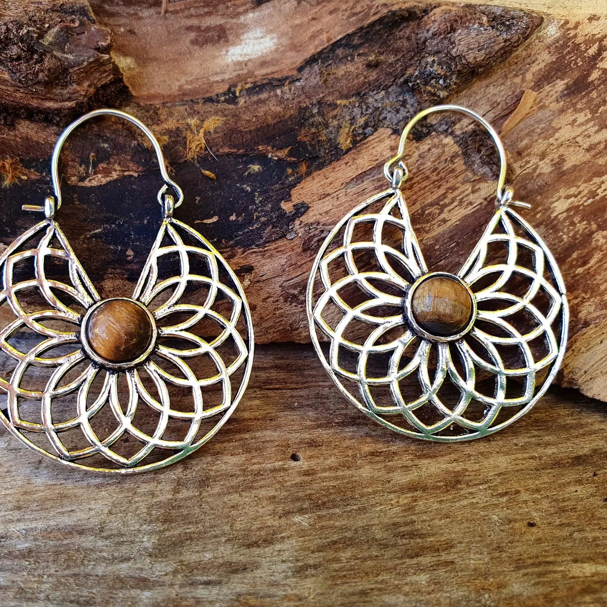 Tiger Eye & Silver Hoop Earrings