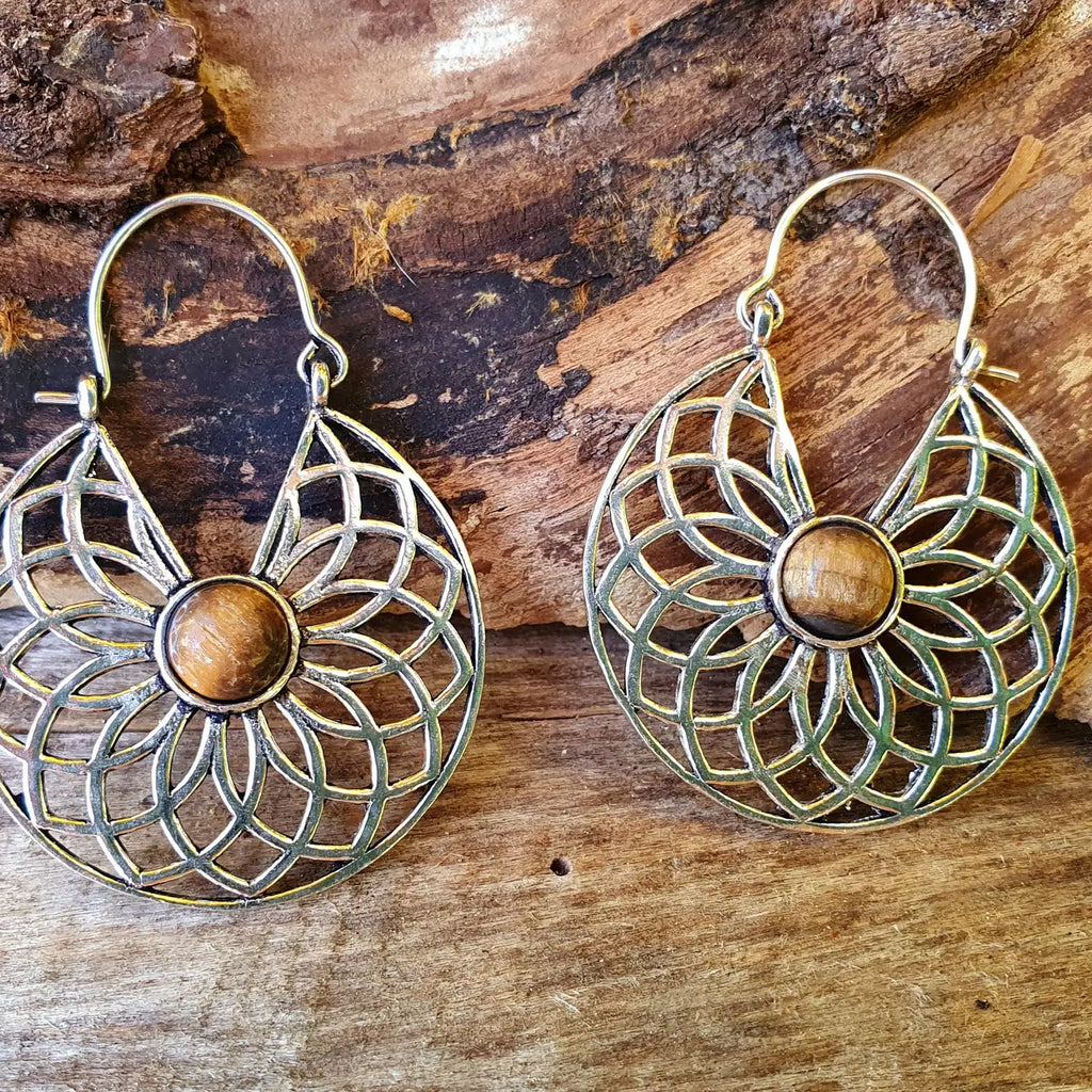 Tiger Eye & Silver Hoop Earrings