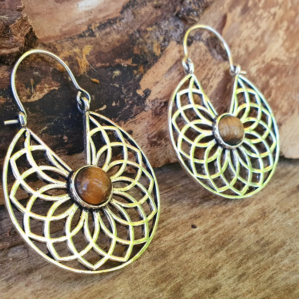 Tiger Eye & Silver Hoop Earrings