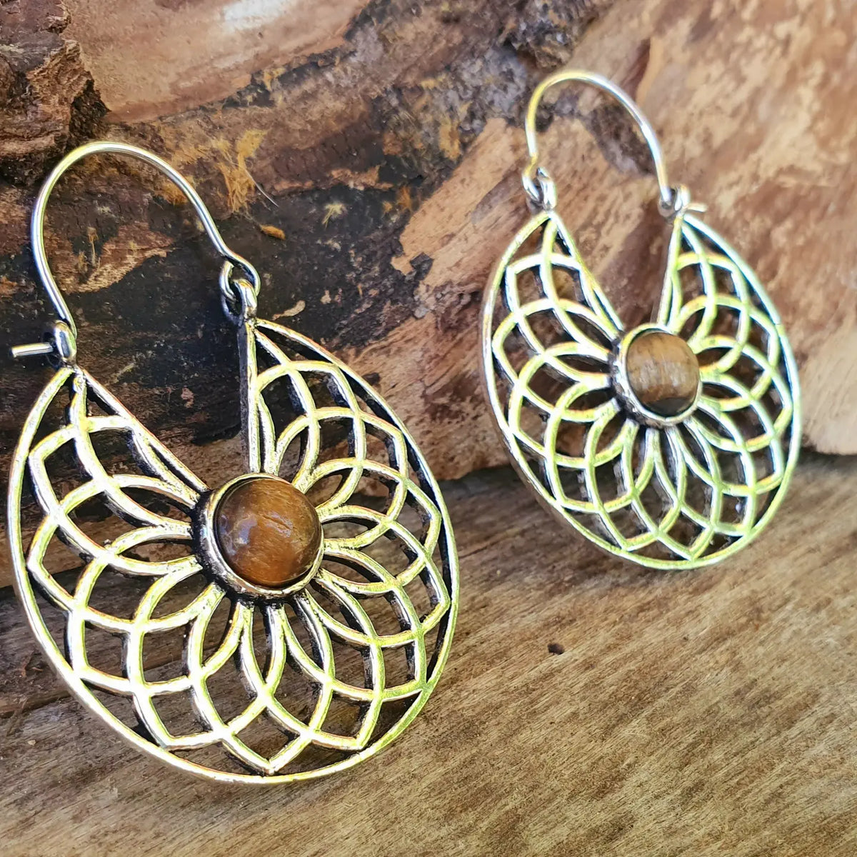 Tiger Eye & Silver Hoop Earrings