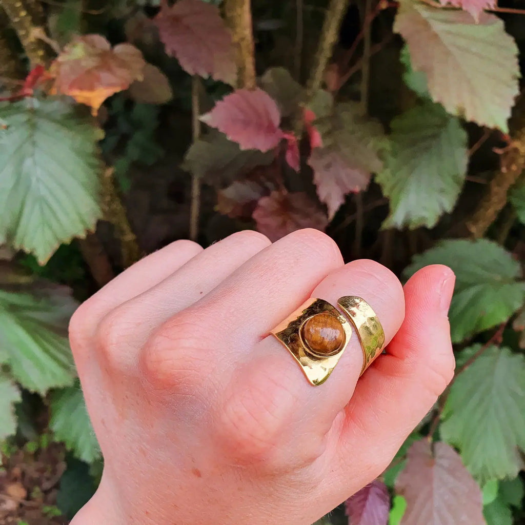 Hammered Brass Spiral Tiger Eye Ring