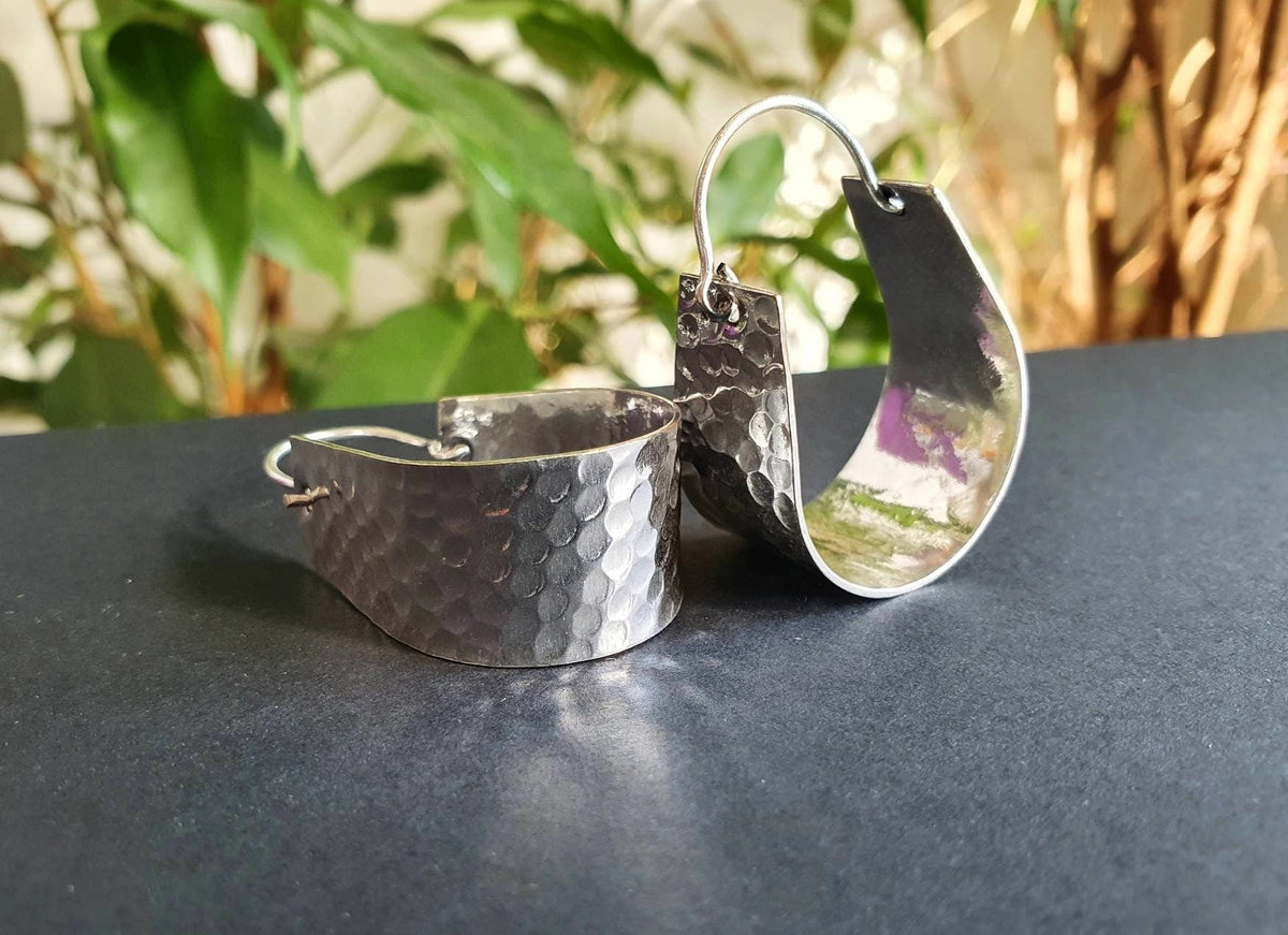Wide Hammered Silver Hoops