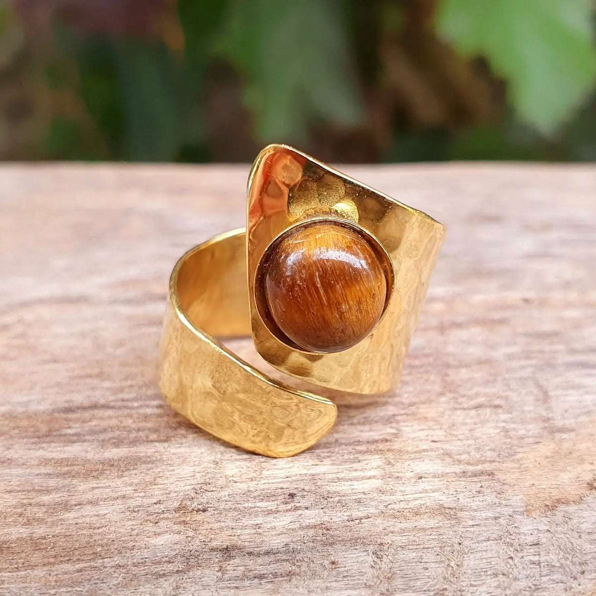Hammered Brass Spiral Tiger Eye Ring