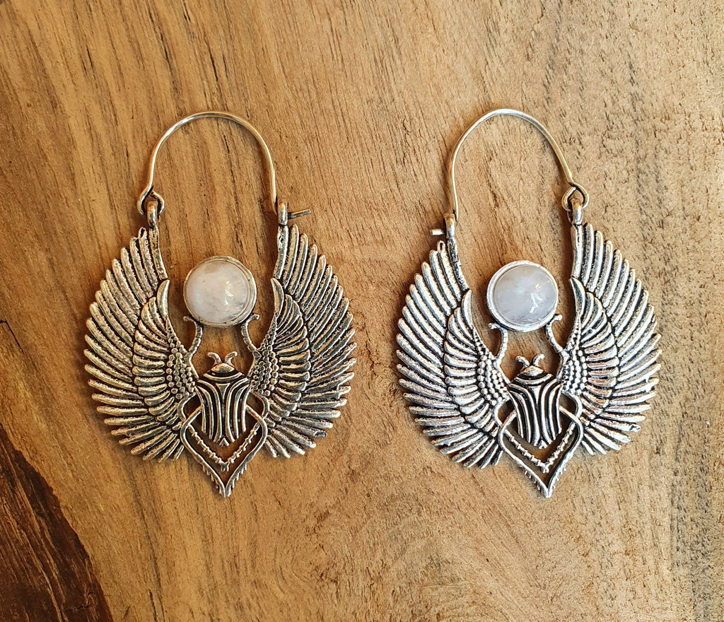 Silver Scarab Earrings with Moonstone