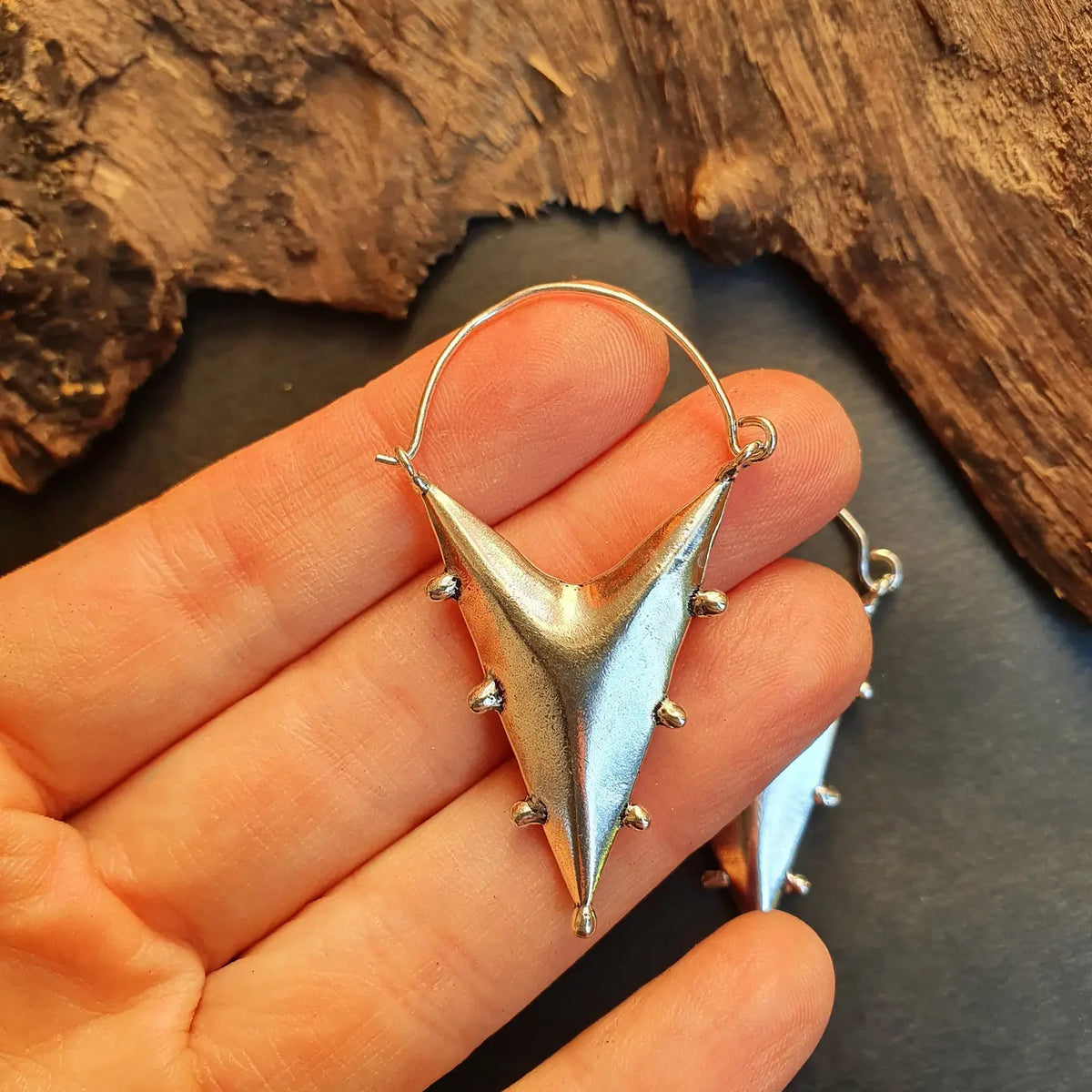 Silver Steampunk Triangle Drop Tribal Brass Earrings