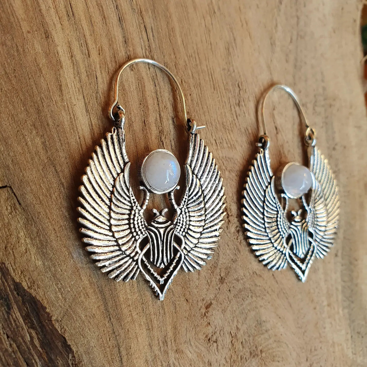 Silver Scarab Earrings with Moonstone