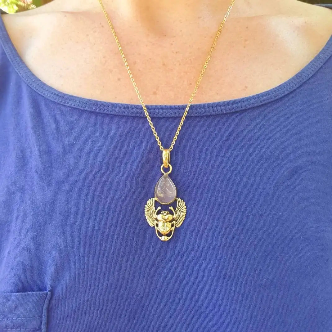 Rose Quartz Scarab Brass Pendant Necklace
