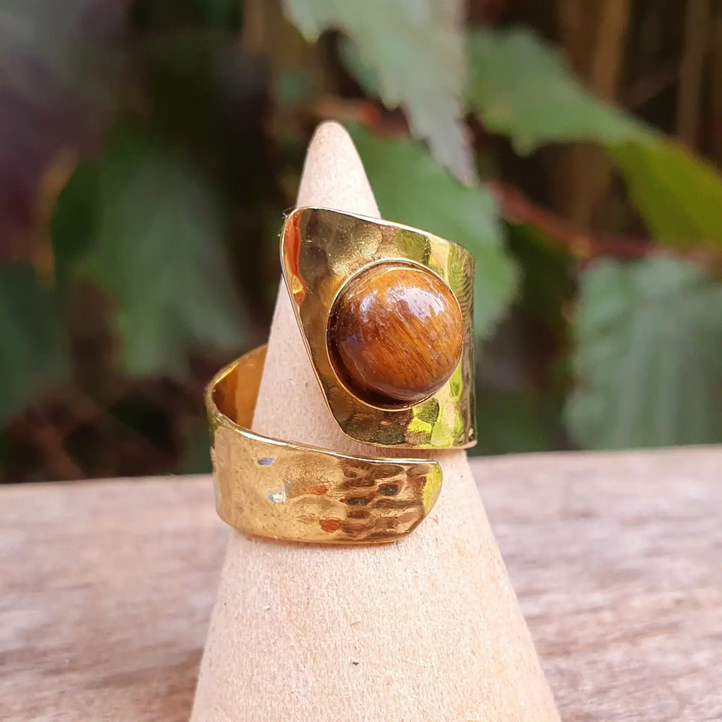 Hammered Brass Spiral Tiger Eye Ring