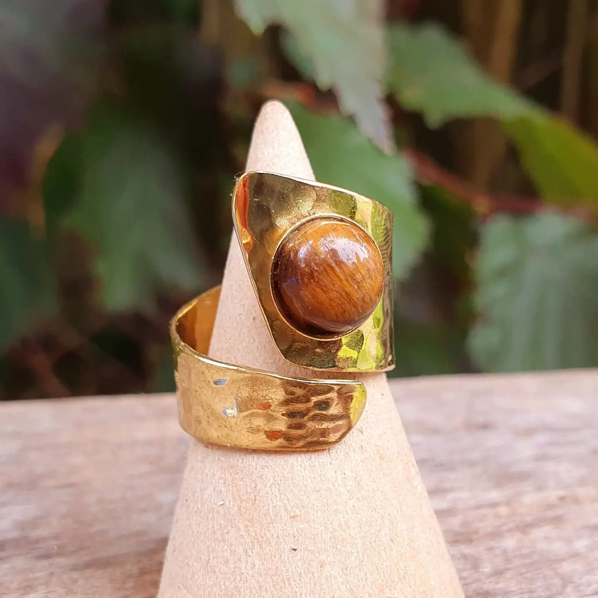 Hammered Brass Spiral Tiger Eye Ring