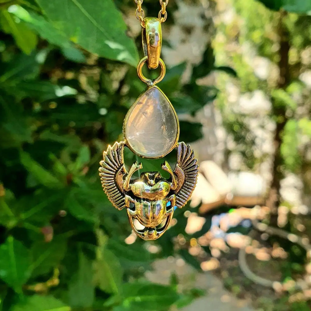 Rose Quartz Scarab Brass Pendant Necklace
