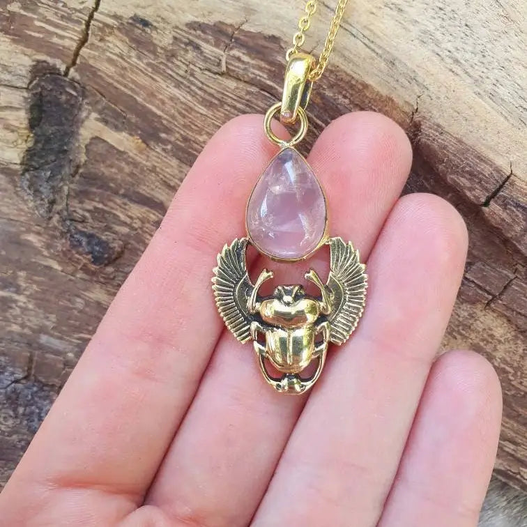 Rose Quartz Scarab Brass Pendant Necklace