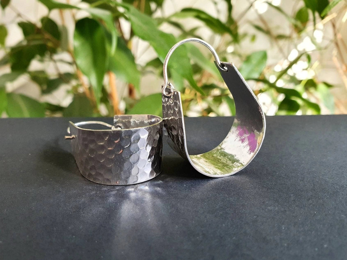 Wide Hammered Silver Hoops