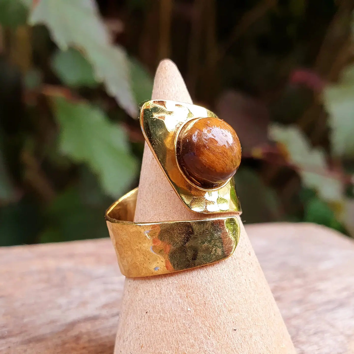 Hammered Brass Spiral Tiger Eye Ring