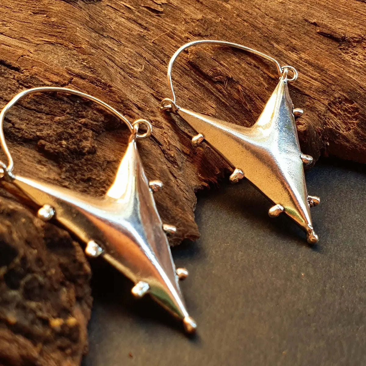 Silver Steampunk Triangle Drop Tribal Brass Earrings