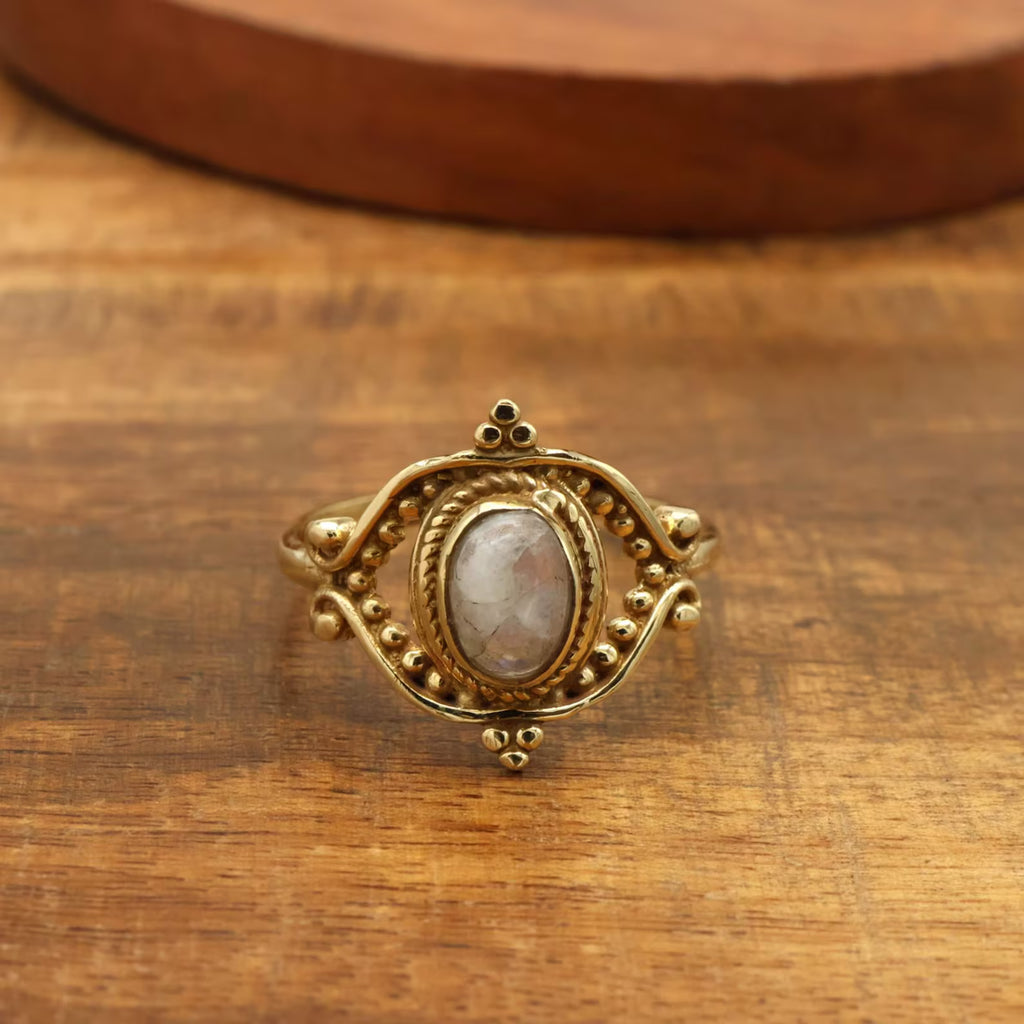 Brass Moonstone Mandala Ring - Vintage Boho Style