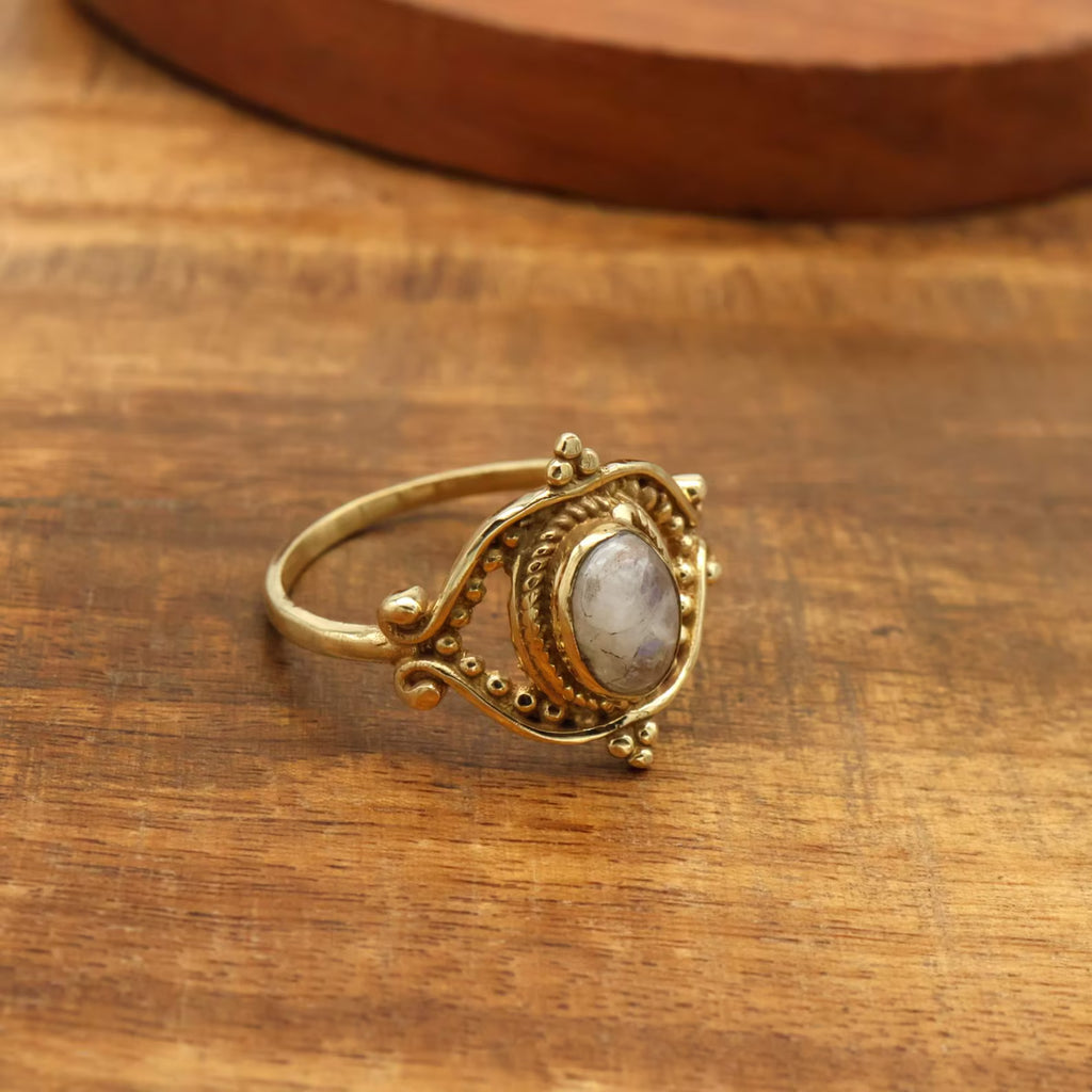 Brass Moonstone Mandala Ring - Vintage Boho Style