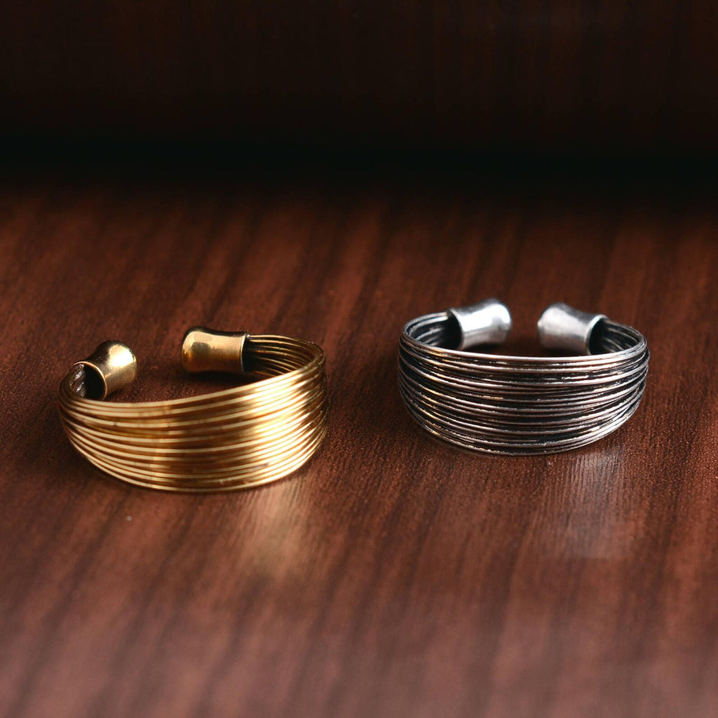 Gold & Silver Wire Cuff Ring | Adjustable Brass Statement Ring, Modern Stackable Jewellery