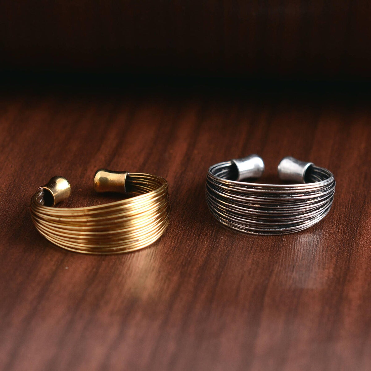 Gold & Silver Wire Cuff Ring | Adjustable Brass Statement Ring, Modern Stackable Jewellery