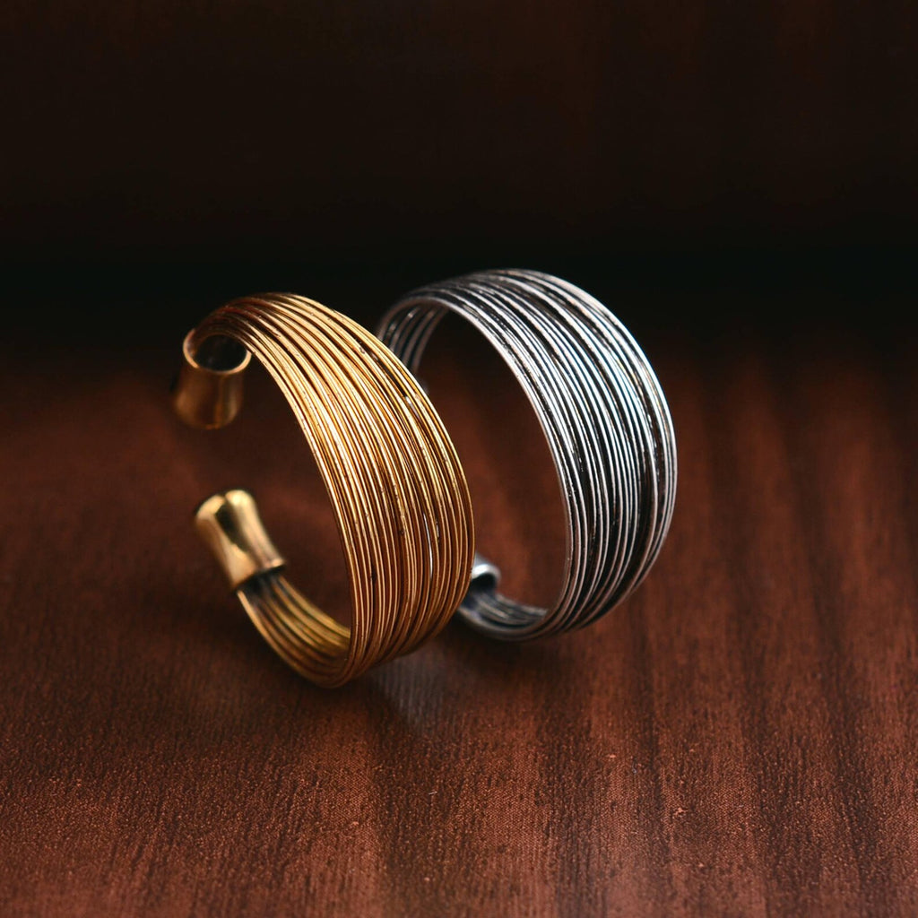 Gold & Silver Wire Cuff Ring | Adjustable Brass Statement Ring, Modern Stackable Jewellery