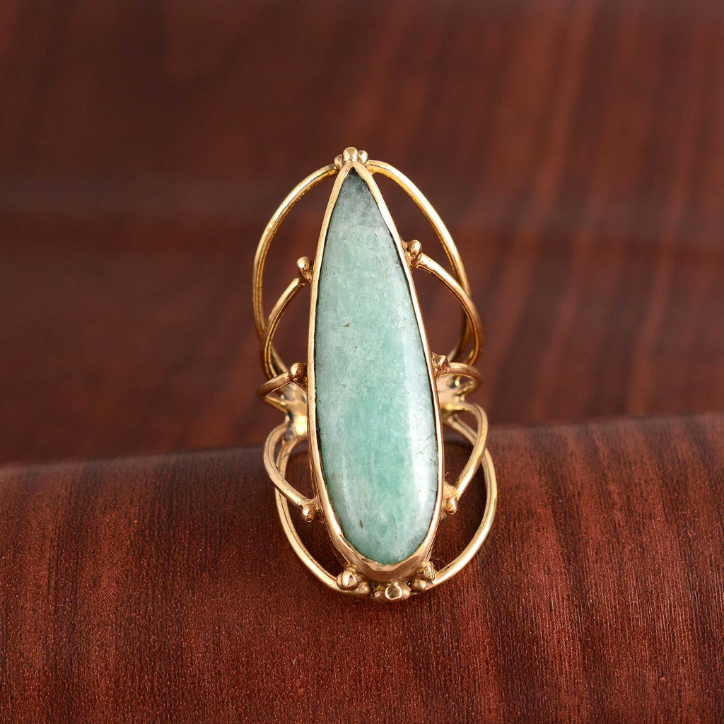 Handmade Larimar Ring Gold Large teardrop Gemstone Brass Jewellery