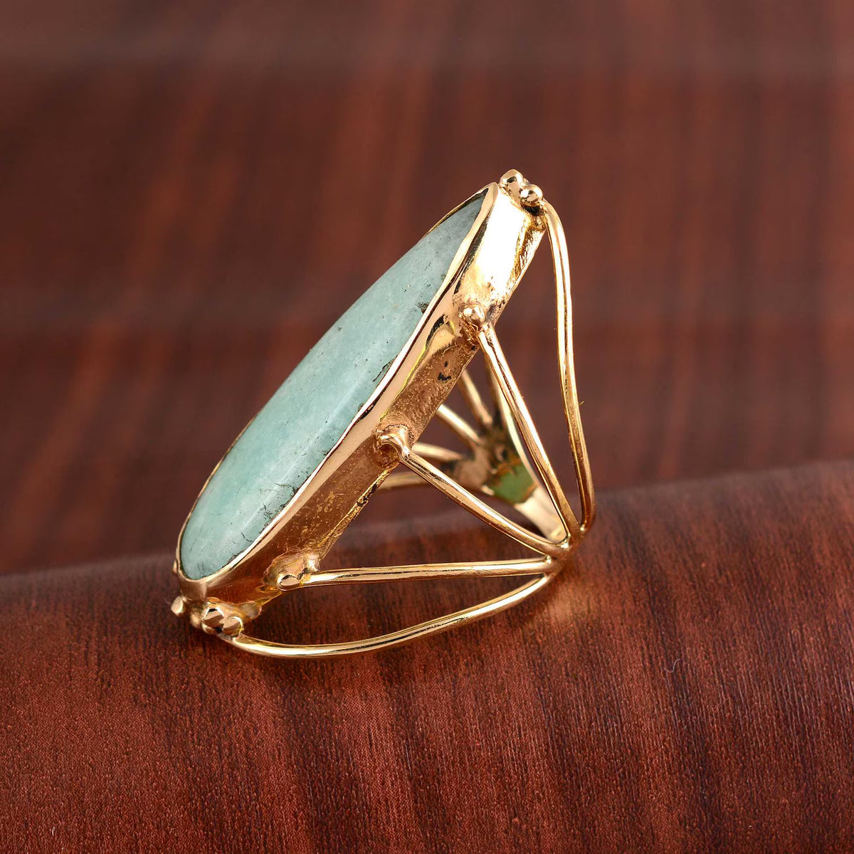 Handmade Larimar Ring Gold Large teardrop Gemstone Brass Jewellery