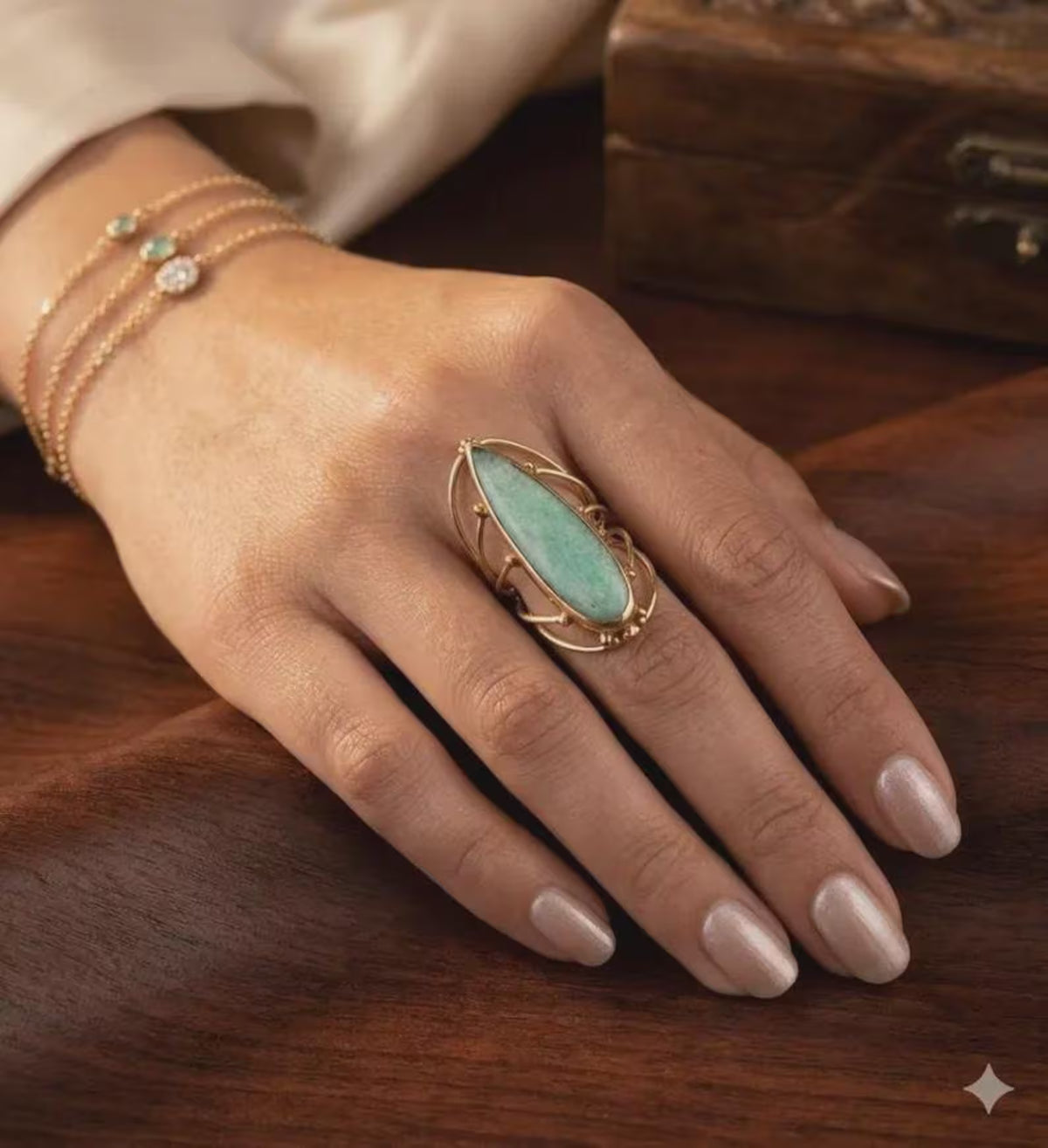 Handmade Larimar Ring Gold Large teardrop Gemstone Brass Jewellery